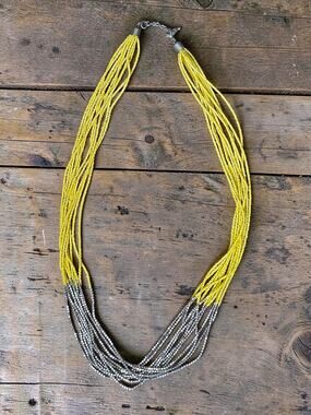 Yellow Silver Seed Bead Layered Statement Long  38"  Necklace